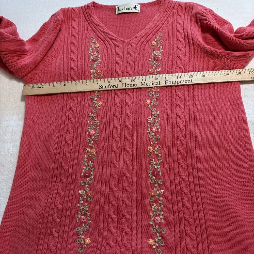 Tulchan‎ Pink Knit Sweater Floral Embroidered Trim Cotton SzS Cottagecore